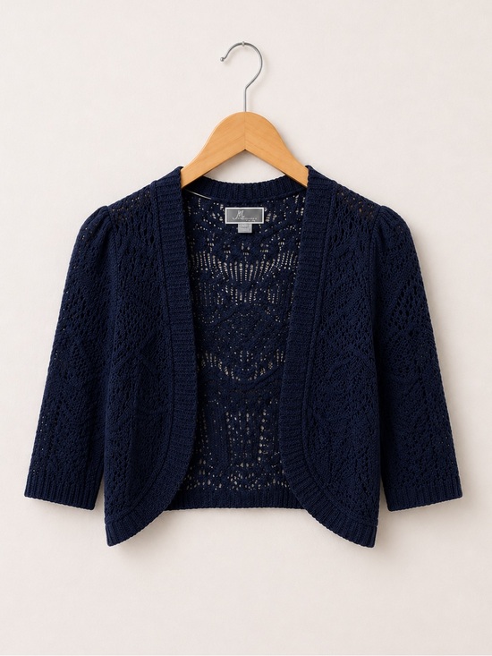 JM Collection Sweaters - JM Collection Petite Navy Blue Crochet Open-Front Cropped 3/4 Sleeve Cardigan